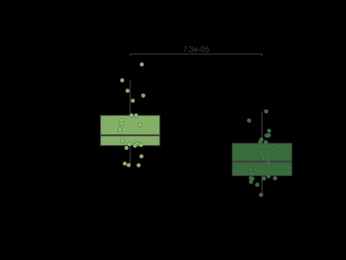 Box plot of gland area: about 50,000 µm² in immature pitchers and 37,000 µm² in mature ones, p = 7.3e-05.