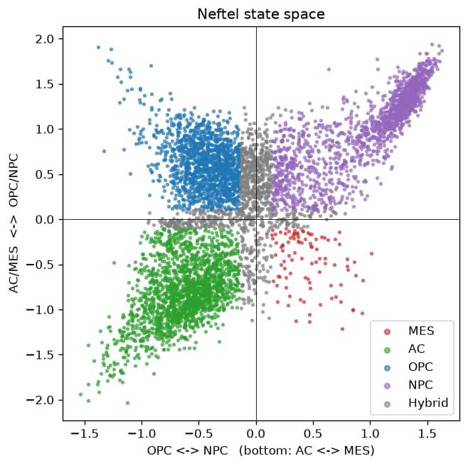 Scatter plot of malignant cells in the Neftel state space: OPC-like cells upper left, NPC-like upper right, AC-like lower left, a small MES-like group lower right, and hybrid cells along the axes.