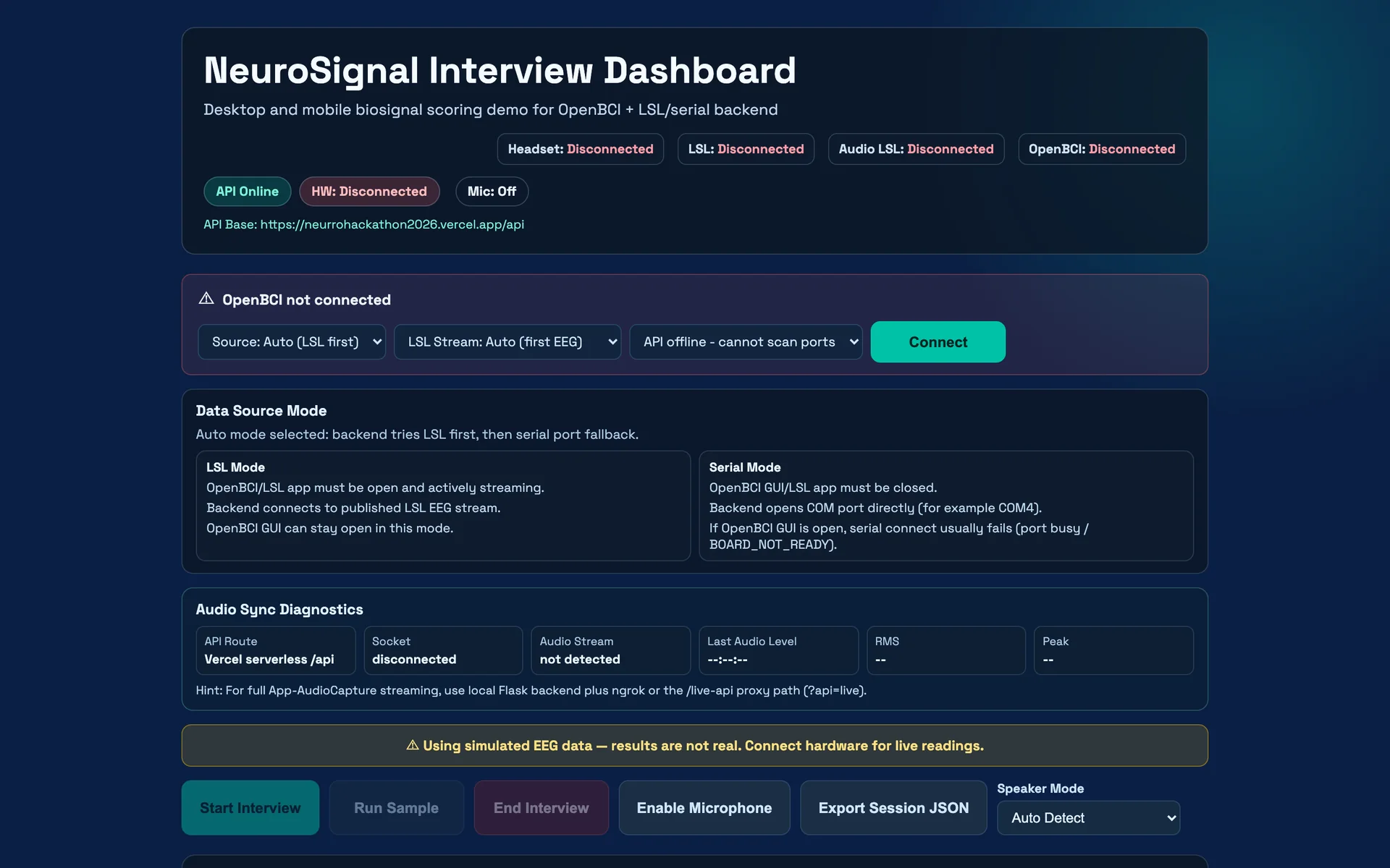 The NeuroSignal Interview Dashboard: connection status for the headset, LSL and audio streams, data-source settings, and the interview controls.