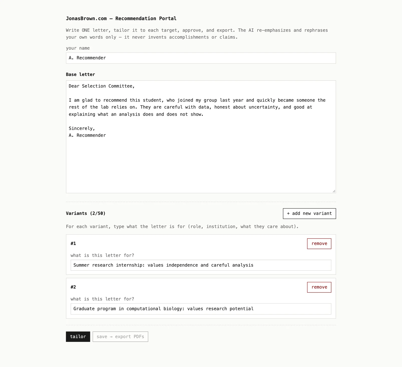 The Recommendation Portal with sample text: a name field, a base letter, and two variants that say what each tailored letter is for, with tailor and export buttons.
