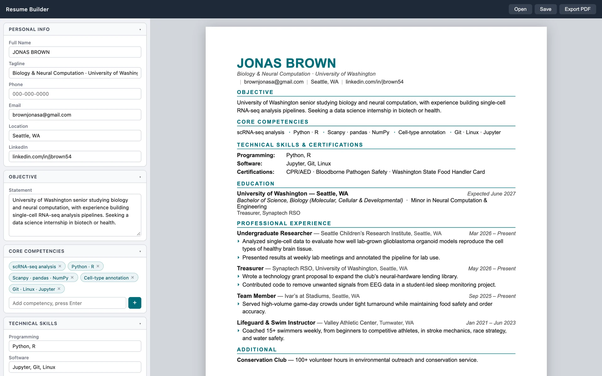 Resume Builder: form sections on the left (personal info, objective, competencies, skills) and a formatted one-page resume on the right.